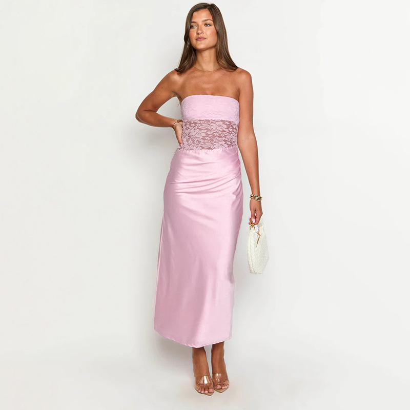 Sexy Strapless Lace Pink Maxi Dress