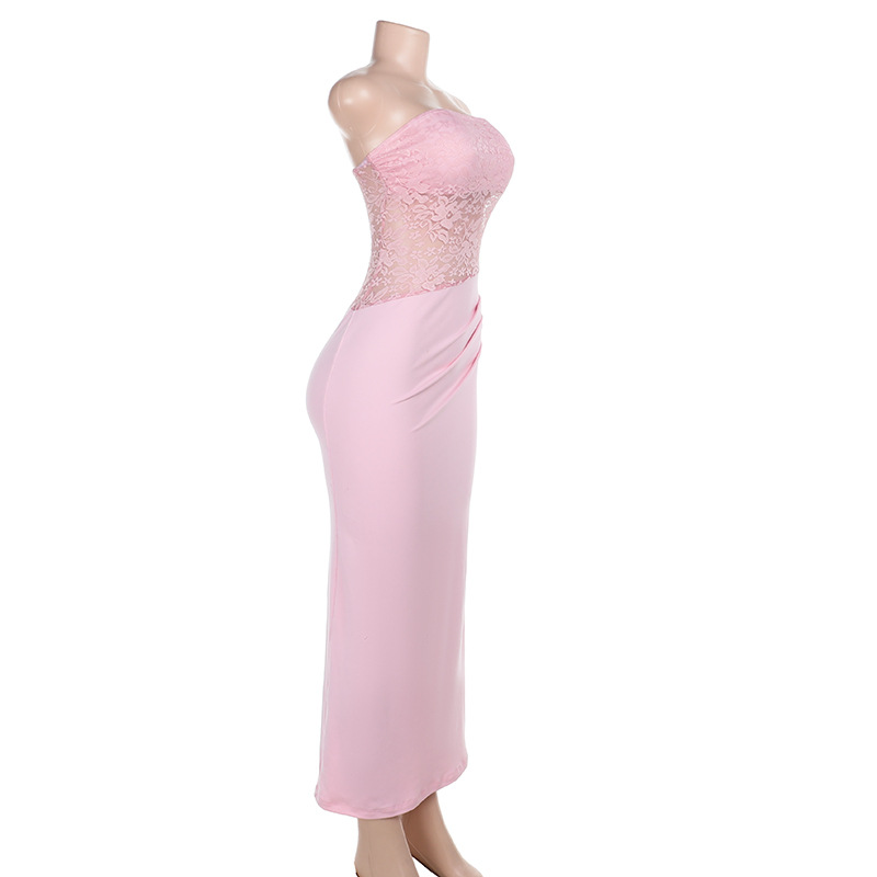 Sexy Strapless Lace Pink Maxi Dress