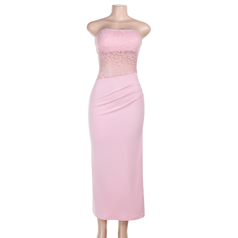 Sexy Strapless Lace Pink Maxi Dress