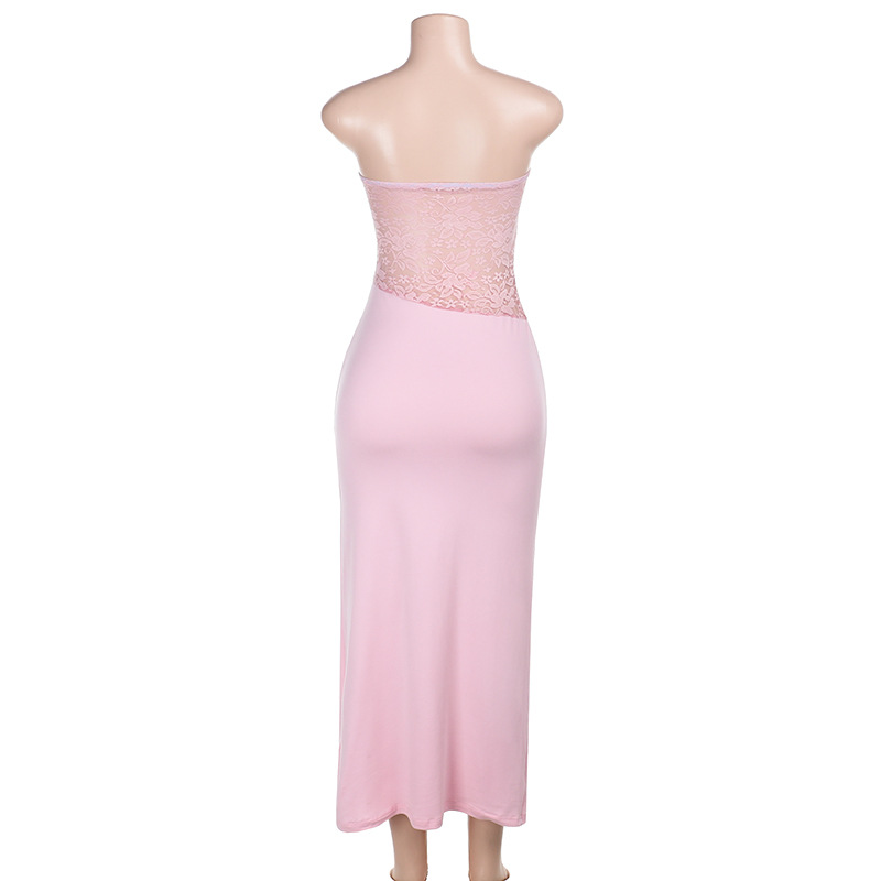 Sexy Strapless Lace Pink Maxi Dress