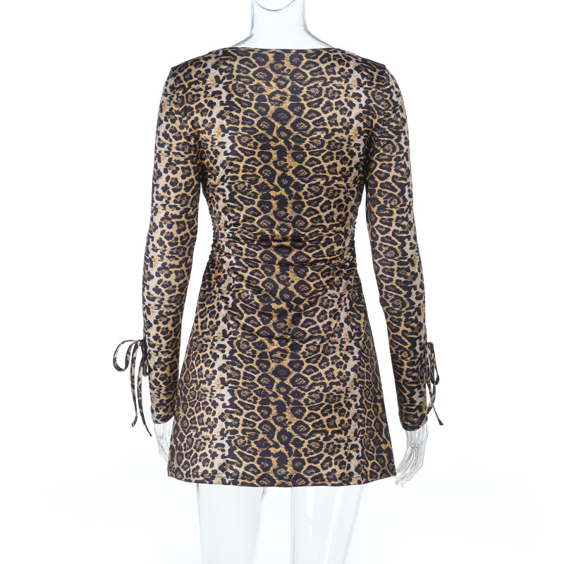 Sexy Leopard Print V-Neck Bodycon Dress with Crisscross Tie Front