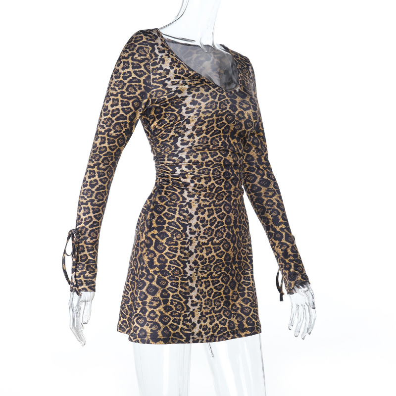 Sexy Leopard Print V-Neck Bodycon Dress with Crisscross Tie Front