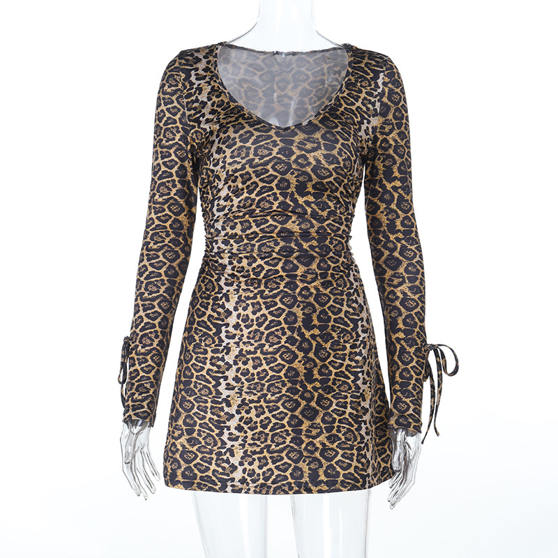 Sexy Leopard Print V-Neck Bodycon Dress with Crisscross Tie Front