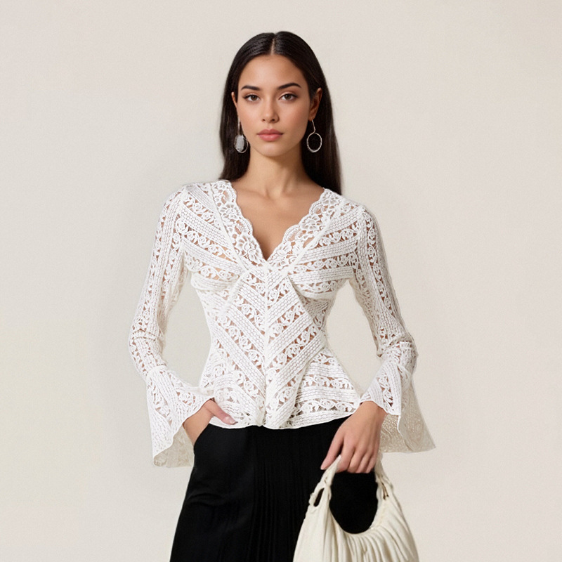 Sexy V-Neck Lace Long Sleeve Top