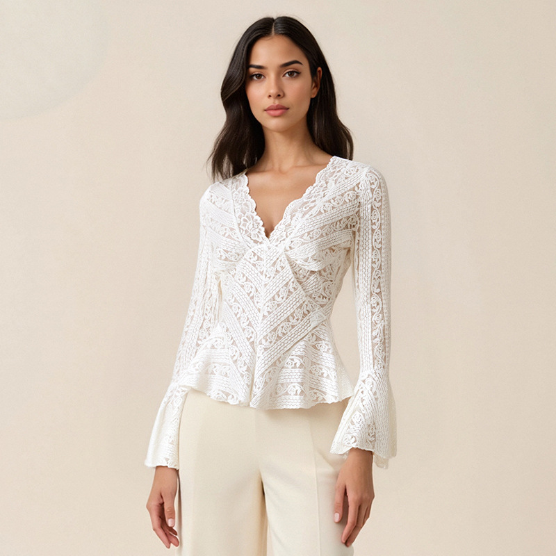 Sexy V-Neck Lace Long Sleeve Top