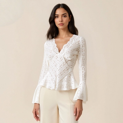 Sexy V-Neck Lace Long Sleeve Top 02