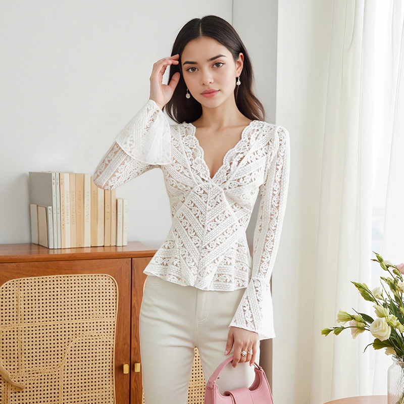 Sexy V-Neck Lace Long Sleeve Top