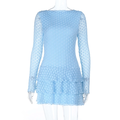 Round Neck Lace Trim Sheer Panel Long Sleeve Dress 01