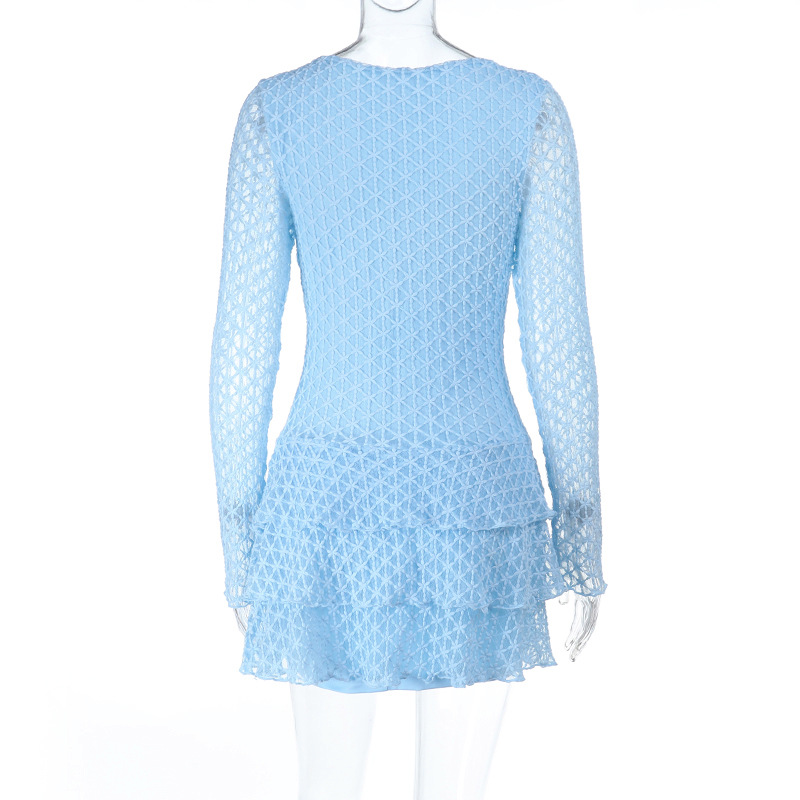 Round Neck Lace Trim Sheer Panel Long Sleeve Dress