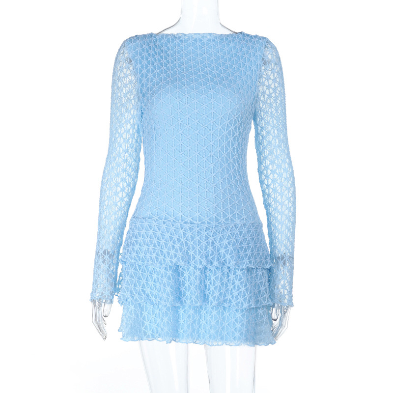 Round Neck Lace Trim Sheer Panel Long Sleeve Dress