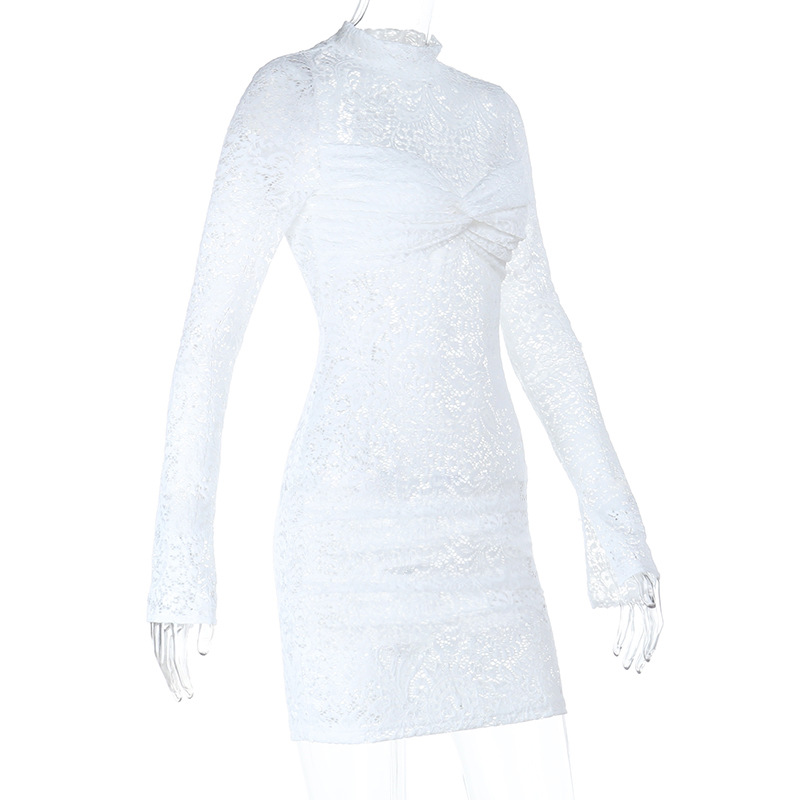 Sheer Mesh Long Sleeve Bodycon Dress with Crisscross Cup Detail