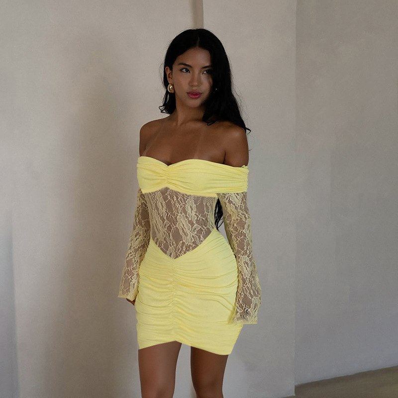 Lace Trim Off-the-Shoulder Sheer Bodycon Dress