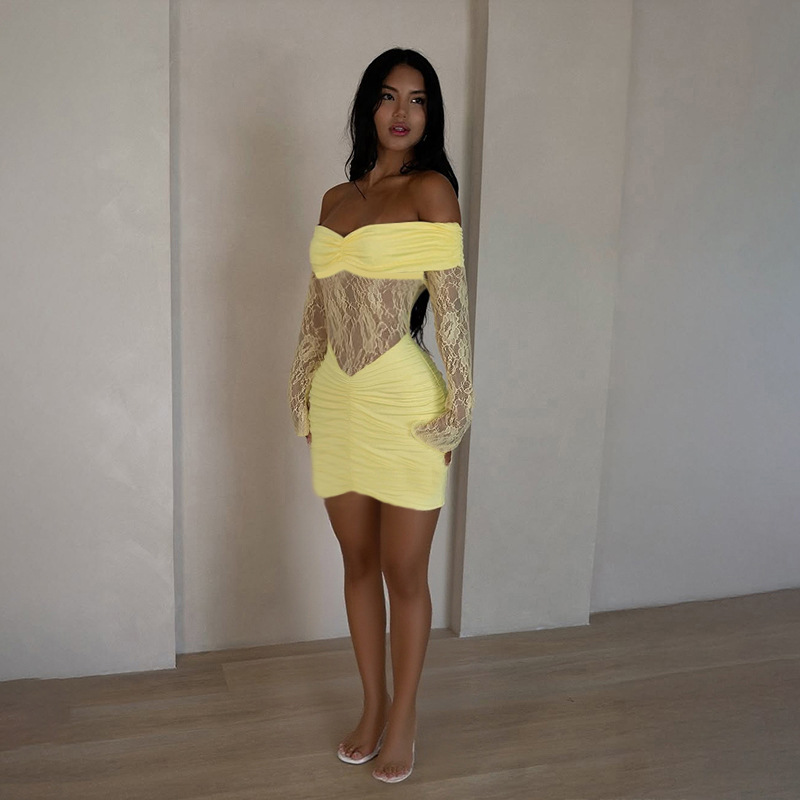 Lace Trim Off-the-Shoulder Sheer Bodycon Dress