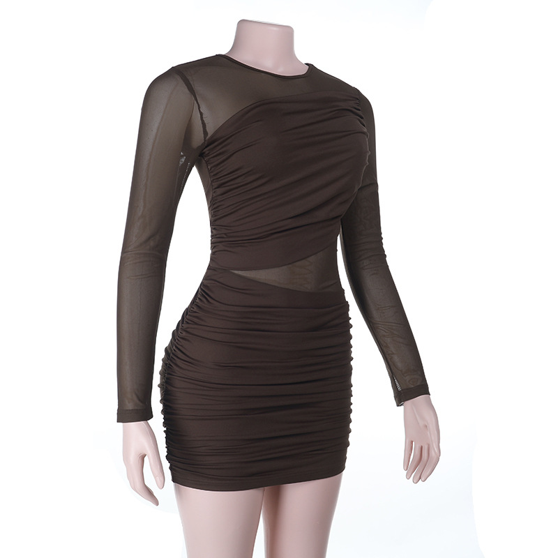 Arrival Sheer Mesh Ruched High Waist Long Sleeve Bodycon Dress
