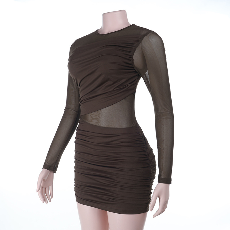 Arrival Sheer Mesh Ruched High Waist Long Sleeve Bodycon Dress