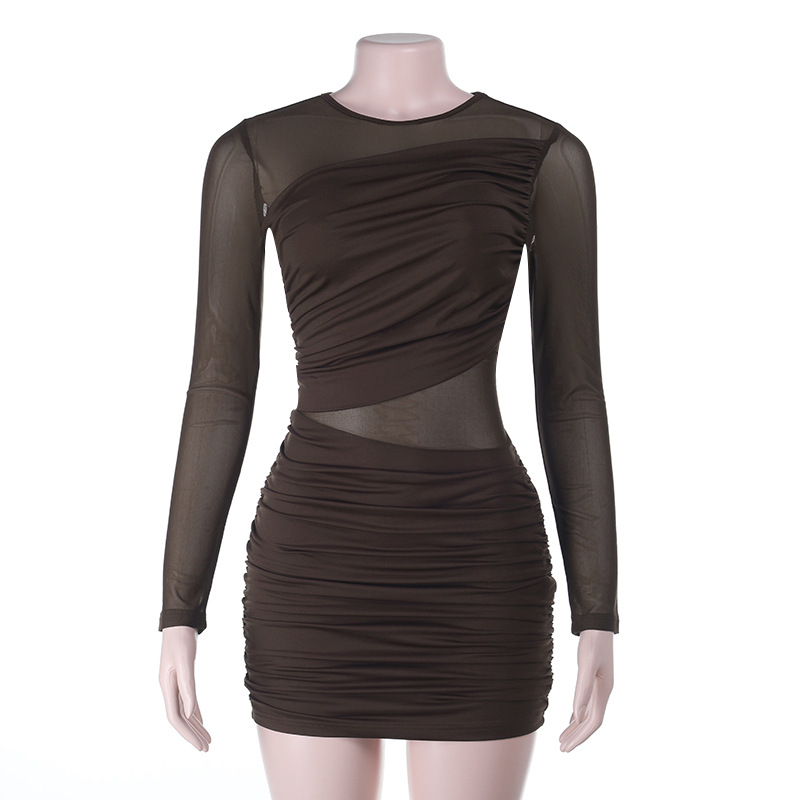 Arrival Sheer Mesh Ruched High Waist Long Sleeve Bodycon Dress