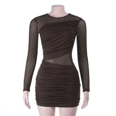 Arrival Sheer Mesh Ruched High Waist Long Sleeve Bodycon Dress 01