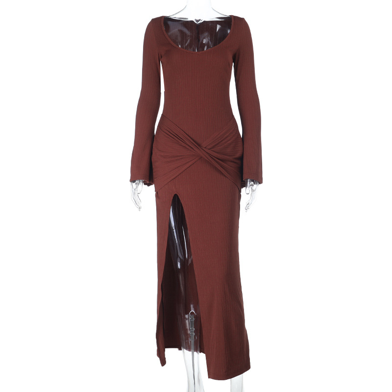 Knit Round Neck Long Sleeve Slit Maxi Dress