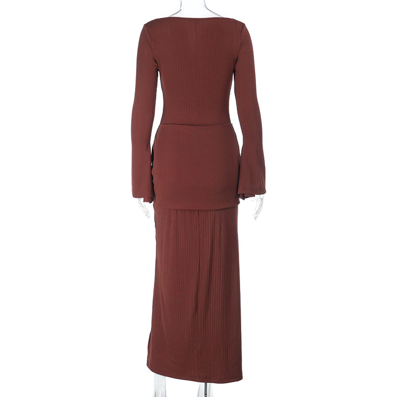 Knit Round Neck Long Sleeve Slit Maxi Dress