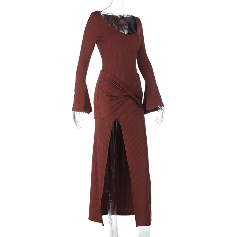 Knit Round Neck Long Sleeve Slit Maxi Dress