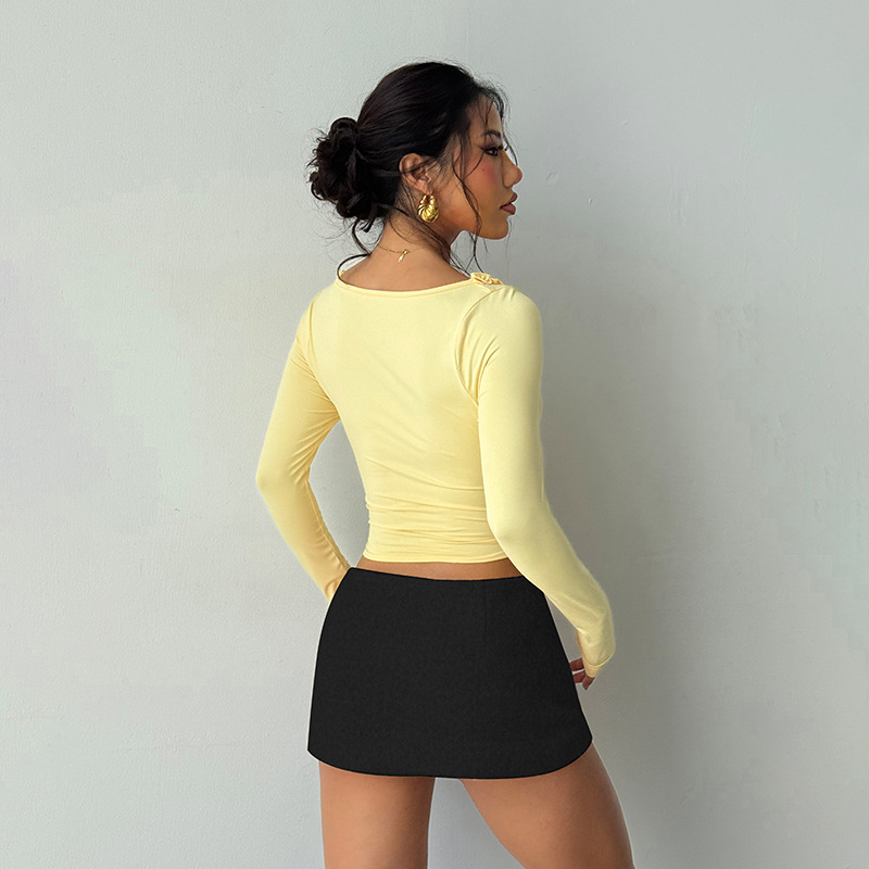 Ruffled Long Sleeve Cinched Waist Solid Color Tee