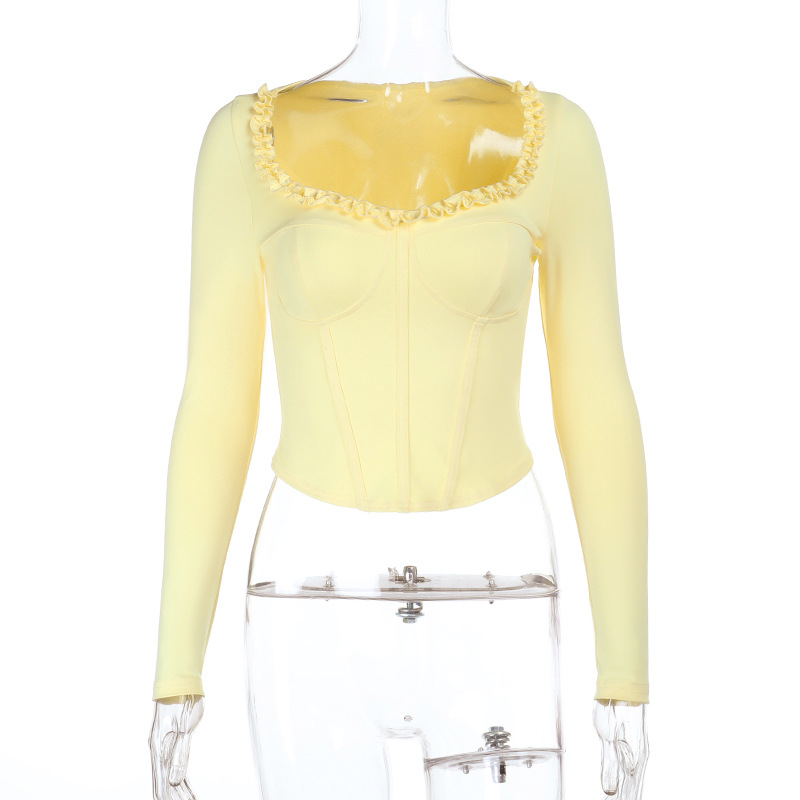 Ruffled Long Sleeve Cinched Waist Solid Color Tee