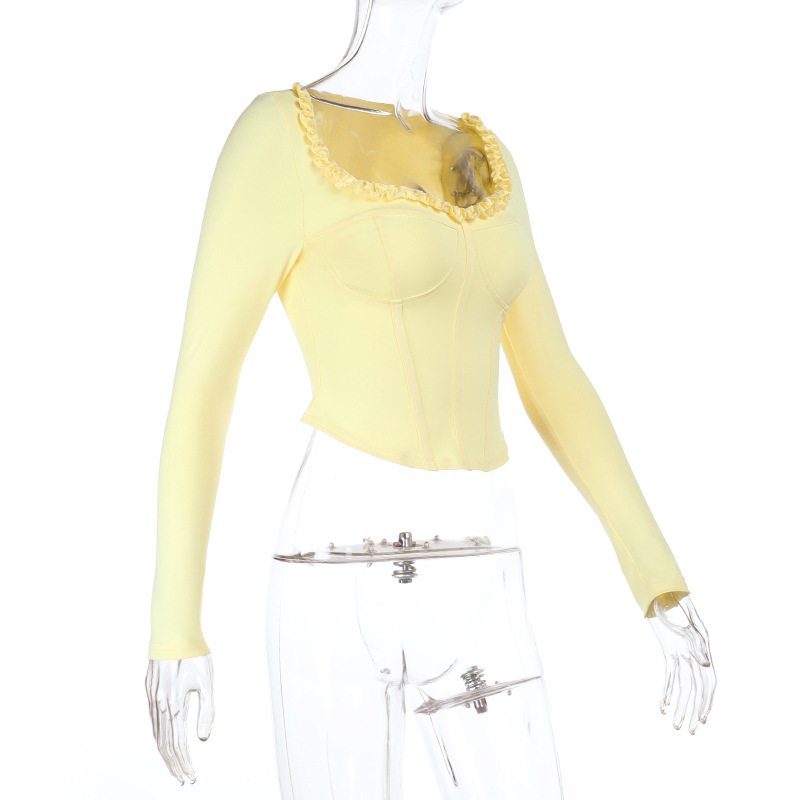 Ruffled Long Sleeve Cinched Waist Solid Color Tee