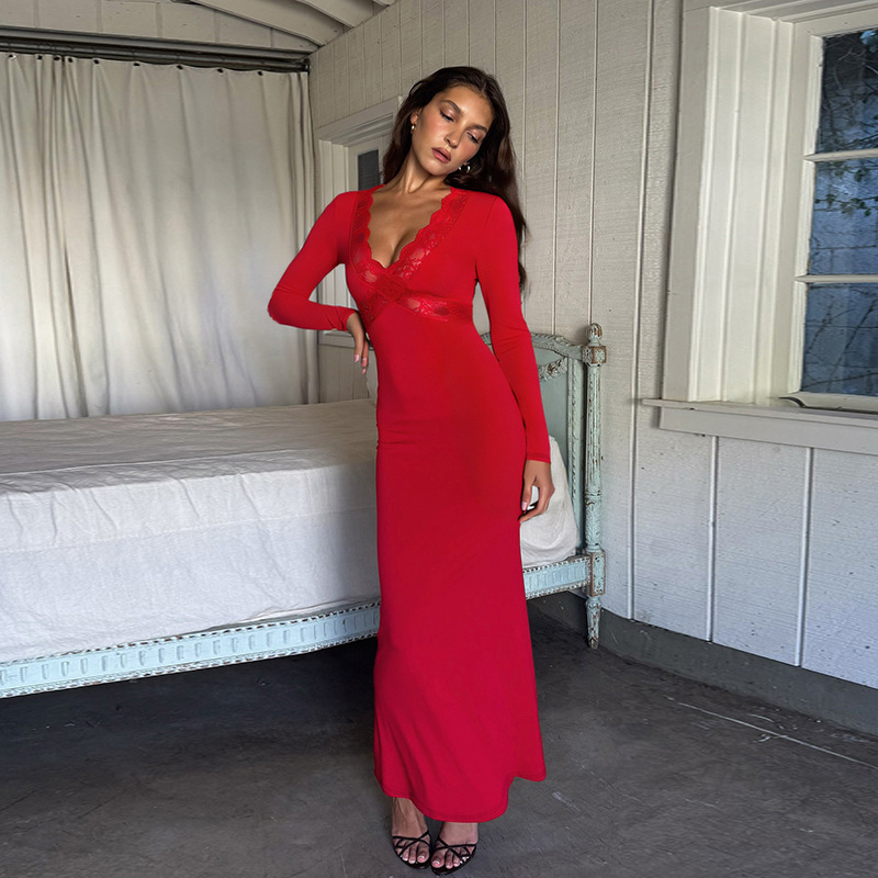 Lace Insert & Defined Waist Fitted Long Evening Gown Elegant Dress 