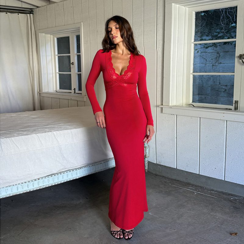 Lace Insert & Defined Waist Fitted Long Evening Gown Elegant Dress 