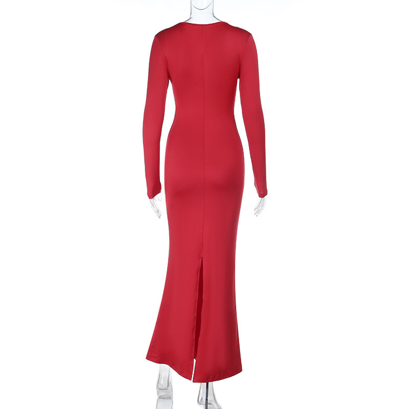 Lace Insert & Defined Waist Fitted Long Evening Gown Elegant Dress 