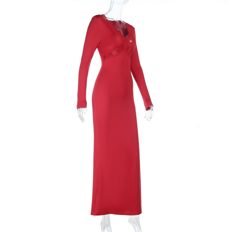 Lace Insert & Defined Waist Fitted Long Evening Gown Elegant Dress 