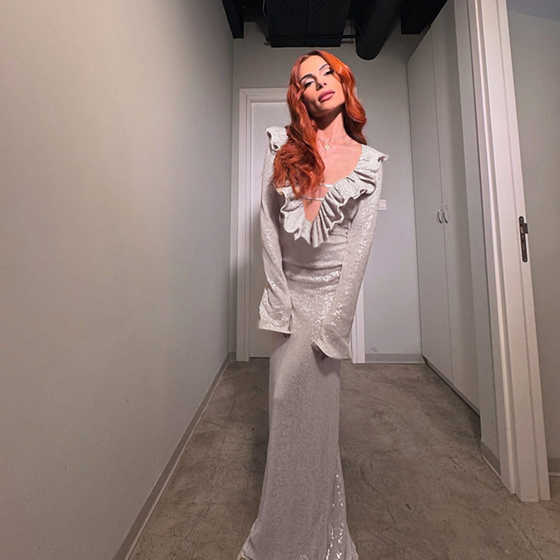 Long-Sleeve Fitted Gown with Glitter Trim & Rolled Hem Sparkly Ruffled Neckline Dress