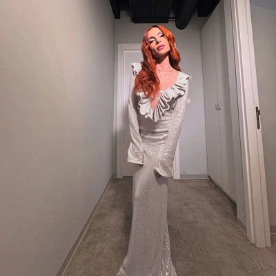 Long-Sleeve Fitted Gown with Glitter Trim & Rolled Hem Sparkly Ruffled Neckline Dress 02