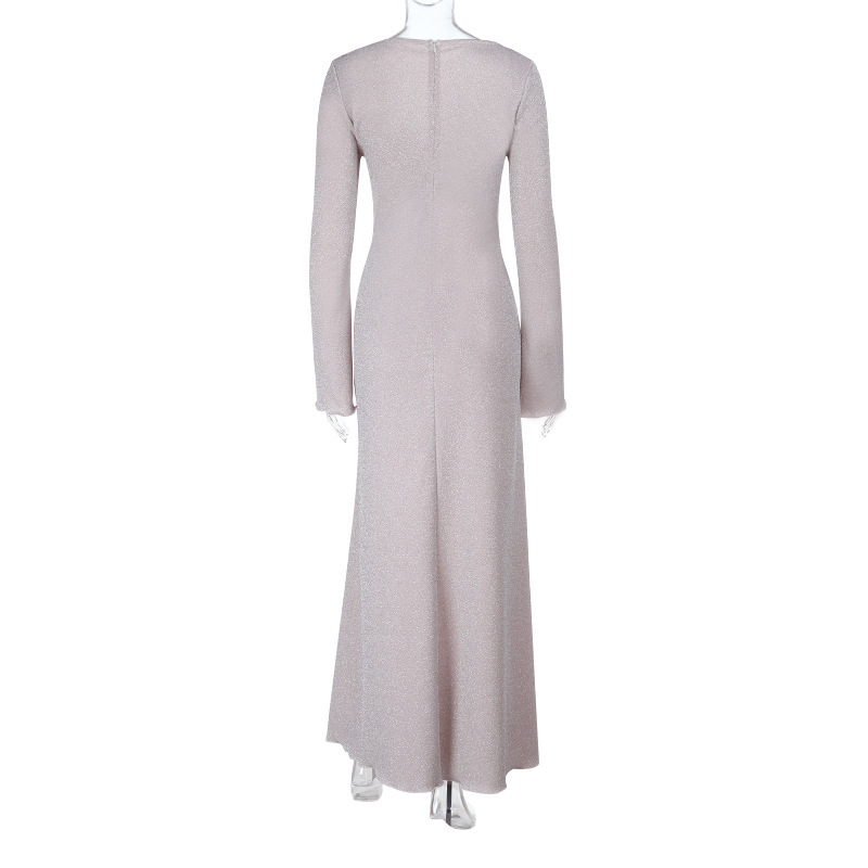 Long-Sleeve Fitted Gown with Glitter Trim & Rolled Hem Sparkly Ruffled Neckline Dress