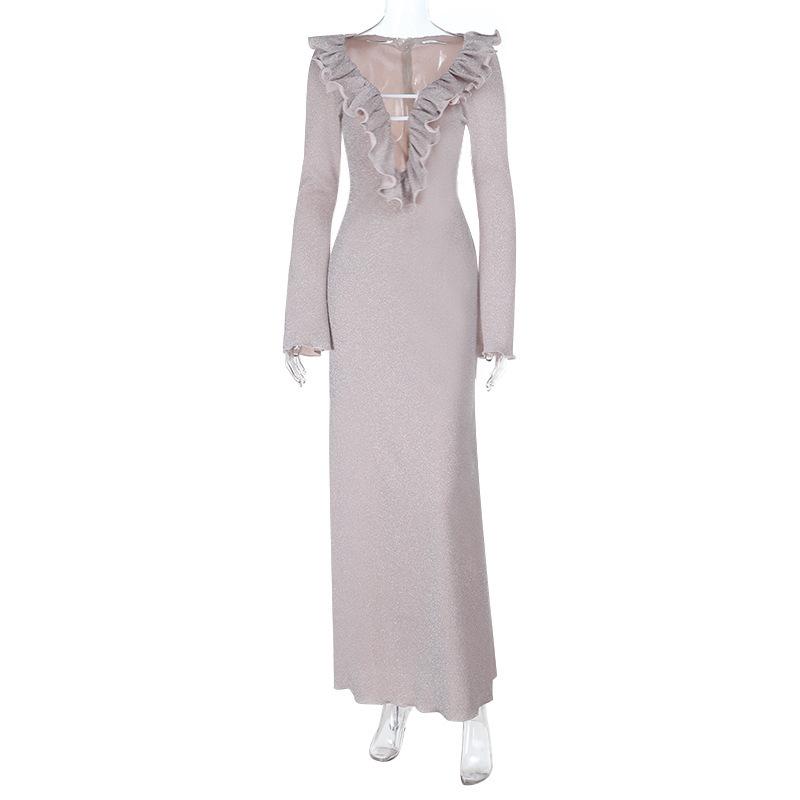 Long-Sleeve Fitted Gown with Glitter Trim & Rolled Hem Sparkly Ruffled Neckline Dress