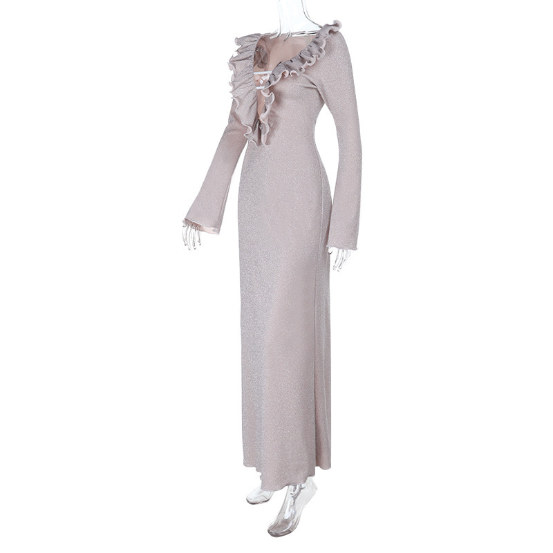 Long-Sleeve Fitted Gown with Glitter Trim & Rolled Hem Sparkly Ruffled Neckline Dress