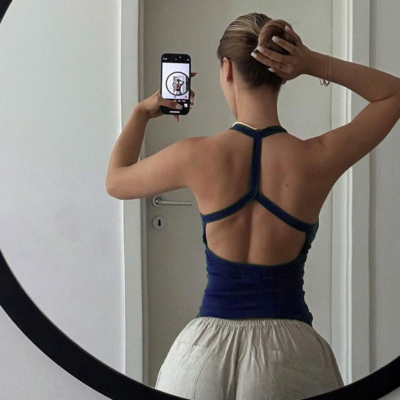 Criss-Cross Cut-Out Back U-Neck Ribbed Athletic Tank Fitted Workout Top