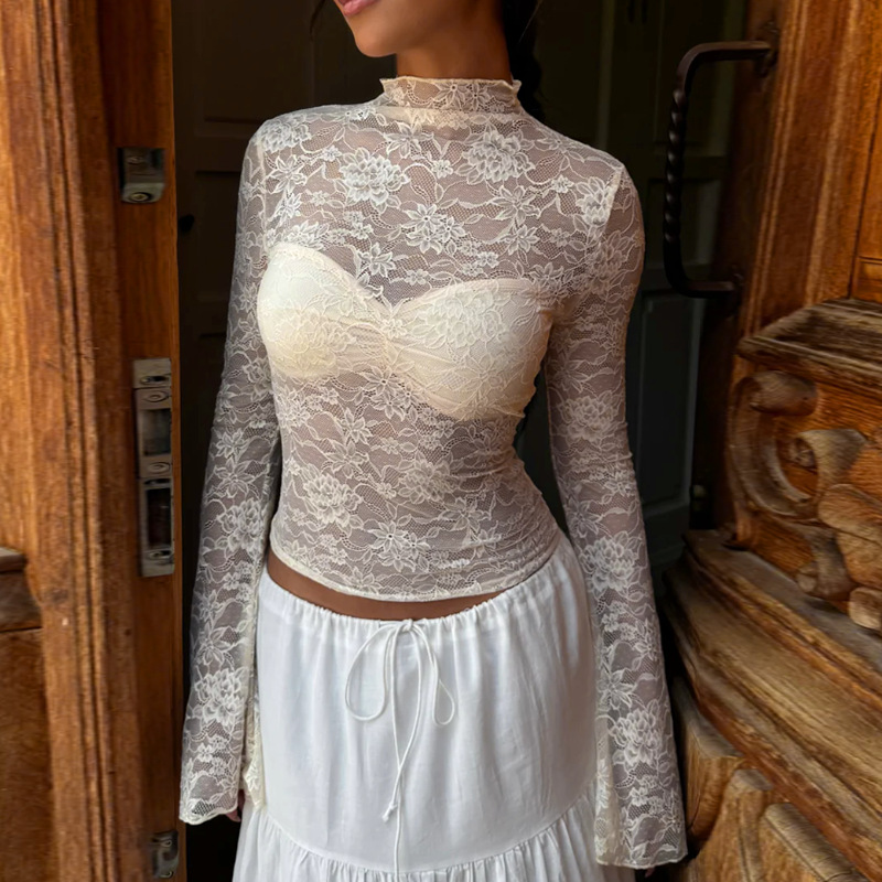 Lightweight Fashion Lace Trim Long Sleeve Top