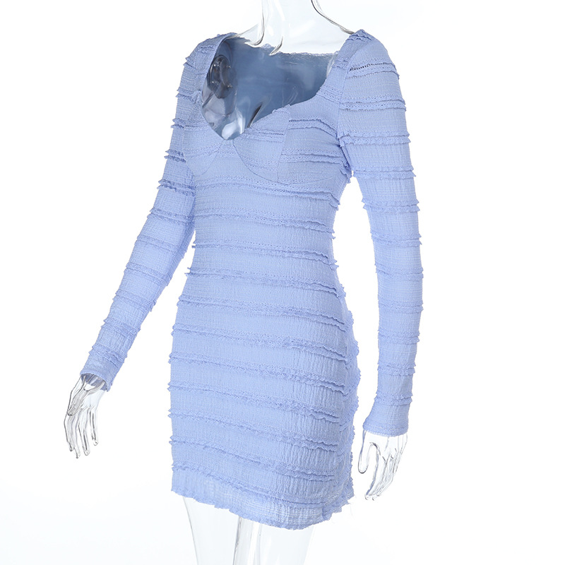 Textured Fabric Long Sleeve French Vintage V-Neck Dress