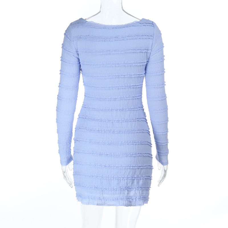 Textured Fabric Long Sleeve French Vintage V-Neck Dress