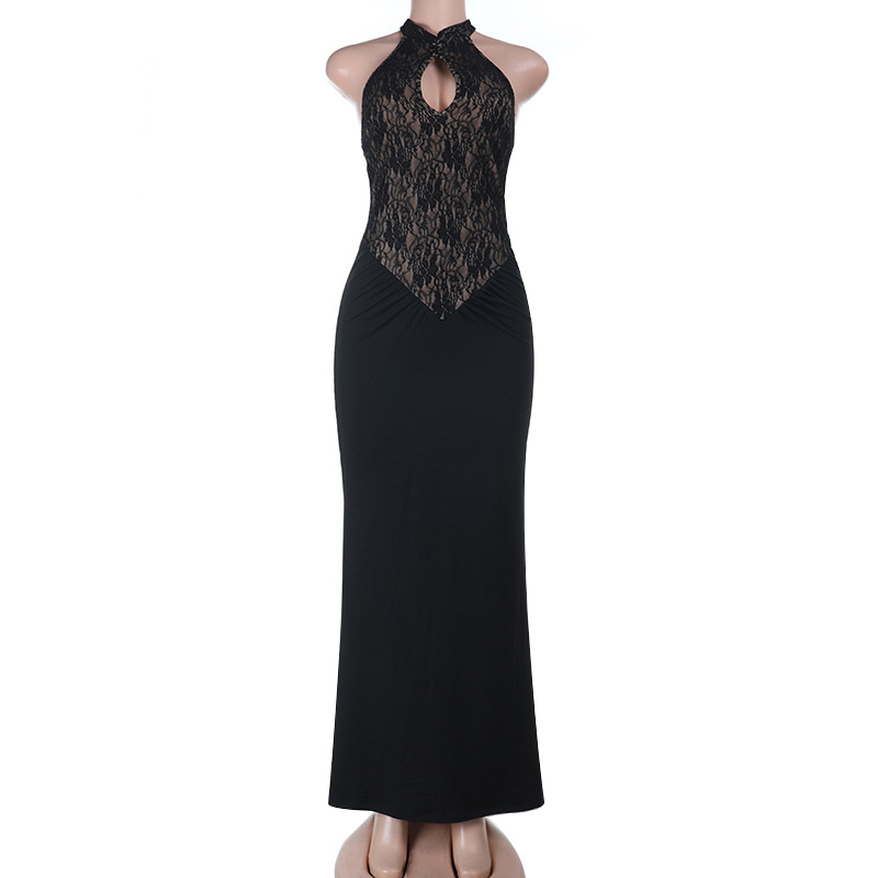 Fitted Evening Gown Halter Neck Lace Insert Dress