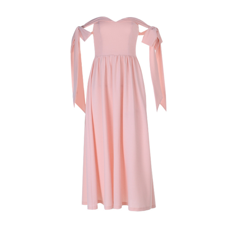 New Arrival Off-Shoulder Solid Color Long Dress with Tie Detail