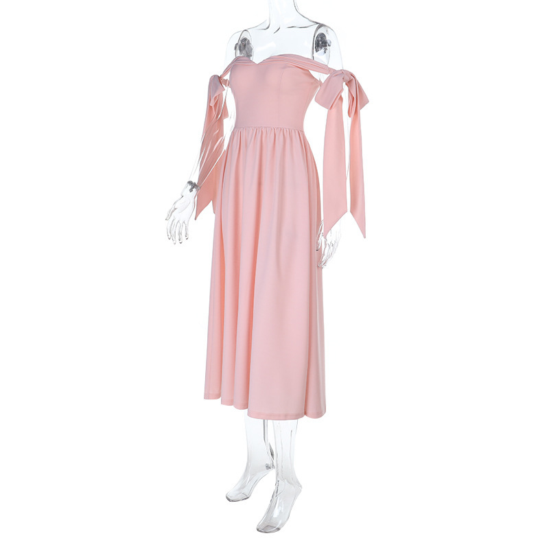 New Arrival Off-Shoulder Solid Color Long Dress with Tie Detail