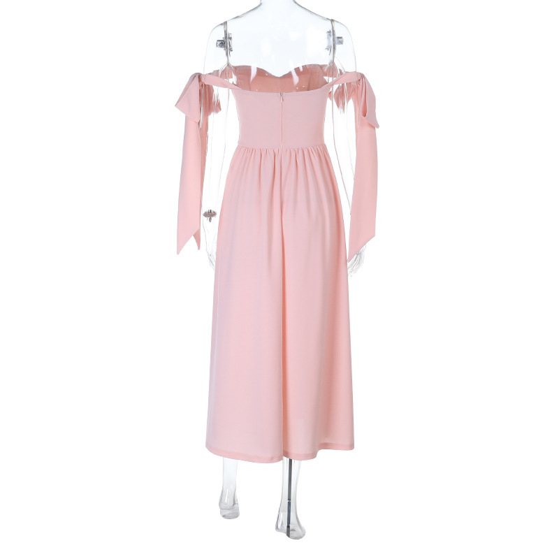 New Arrival Off-Shoulder Solid Color Long Dress with Tie Detail