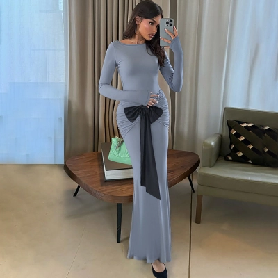 Fitted Bodycon Long Sleeve Dress with Bow Detail & Panel Design 02