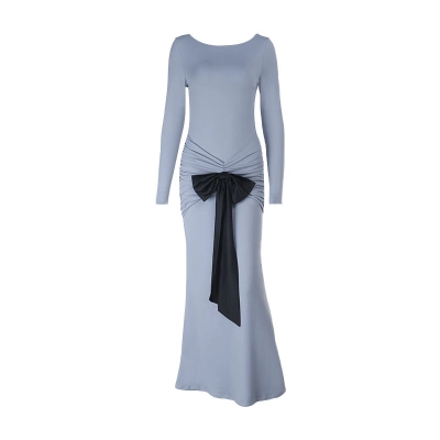 Fitted Bodycon Long Sleeve Dress with Bow Detail & Panel Design 01
