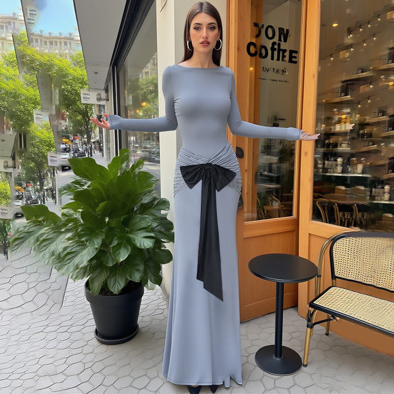 Fitted Bodycon Long Sleeve Dress with Bow Detail & Panel Design