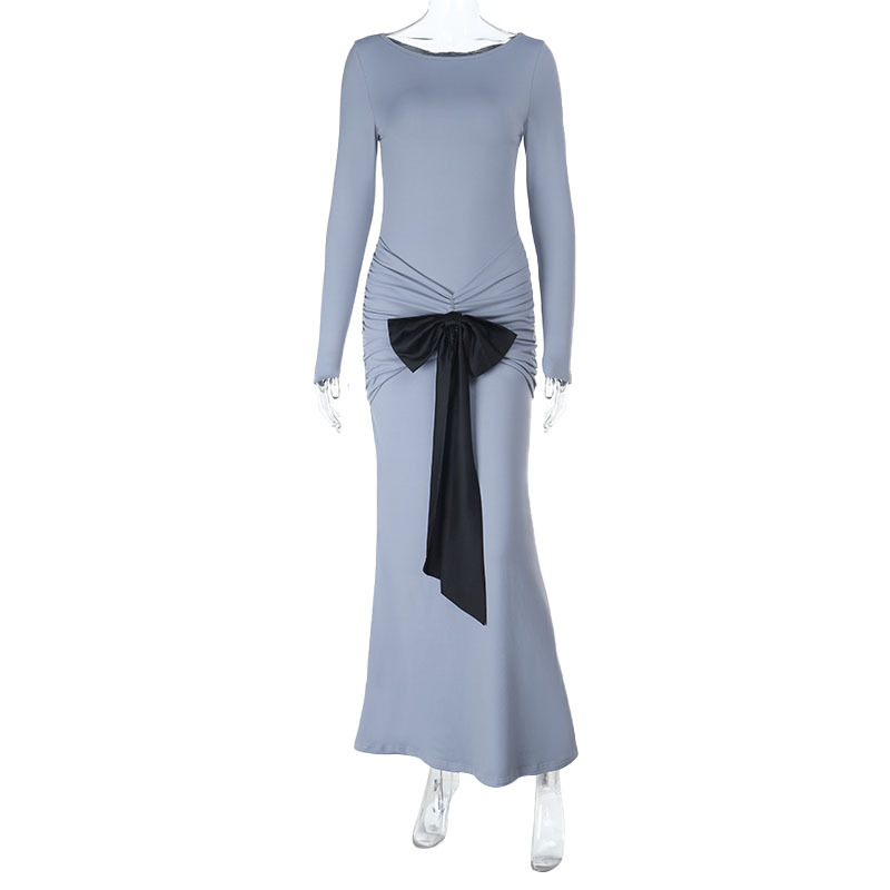 Fitted Bodycon Long Sleeve Dress with Bow Detail & Panel Design