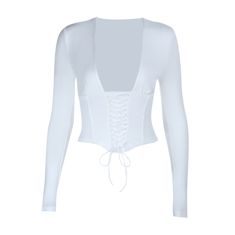 Ruched V-Neck Long Sleeve Top with Tie Detail