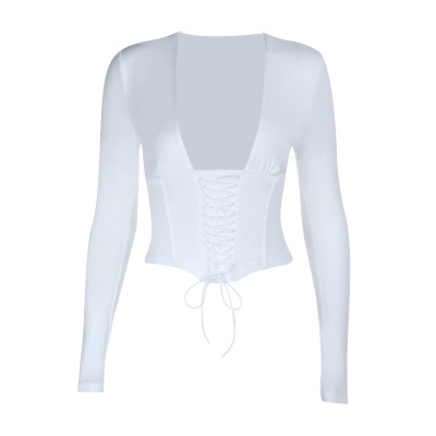 Ruched V-Neck Long Sleeve Top with Tie Detail 01